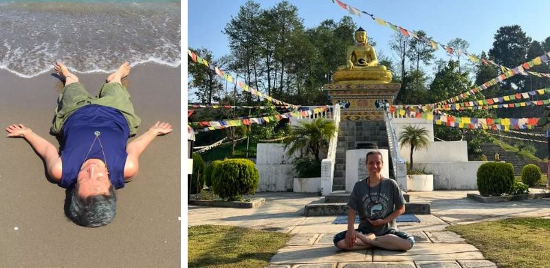 تصویر شامل دو بخش است. در عکس سمت چپ، فردی در ساحل دراز کشیده و در حال تنفس است. در عکس سمت راست فردی در مقابل مجسمه بودا، در حال مدیتیشن است.