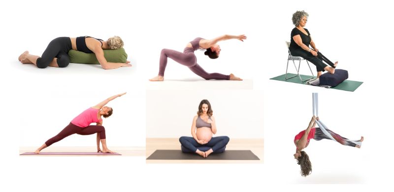 An image showing different styles of yoga—such as gentle yoga, vinyasa, prenatal yoga, and aerial yoga—each suited for different needs.