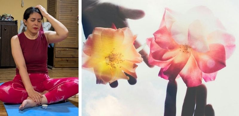 A person practicing tapping for emotional relief on the left, and a symbolic image of two hands holding flowers on the right.