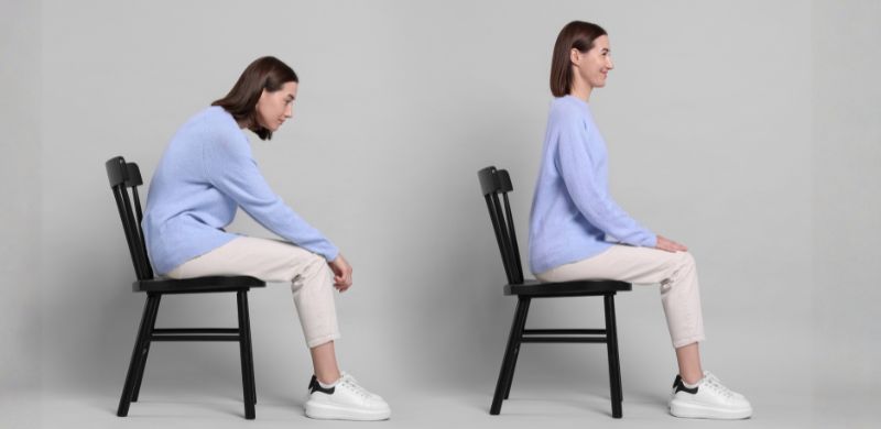 A woman sitting in two different positions: on the left, she is slouching, and on the right, she demonstrates correct posture.