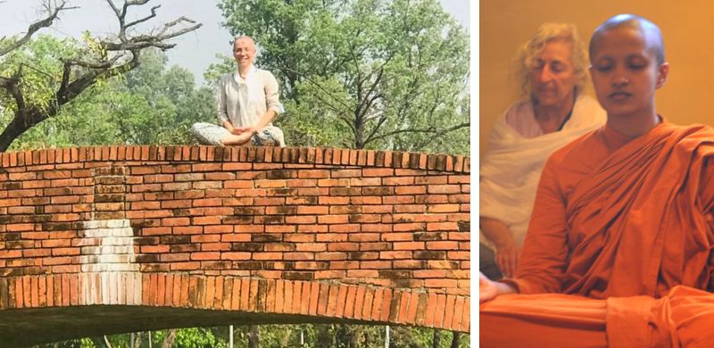 A split image showing a person meditating on a wooden bridge and two people meditating inside a temple.
