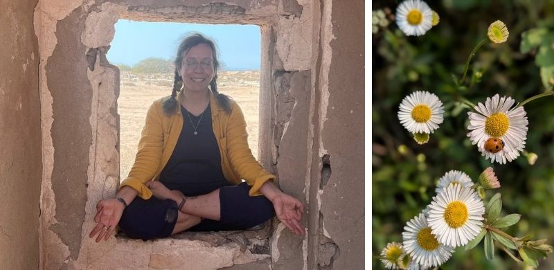 An image of a woman meditating peacefully in an old window, alongside a picture of chamomile flowers, symbolizing beauty and tranquility.