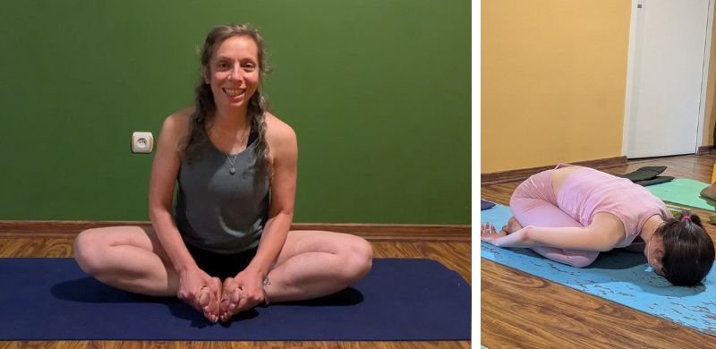 Two women practicing yoga indoors — one performing the Butterfly Pose and the other the Child’s Pose, calming exercises effective for reducing menstrual pain and stress.