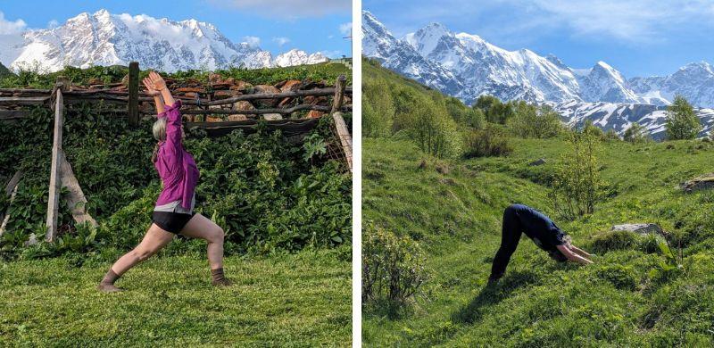 A woman practicing yoga in nature — performing the Warrior Pose on the left and the Downward-Facing Dog Pose on the right, on a green hillside with snowy mountains in the background.