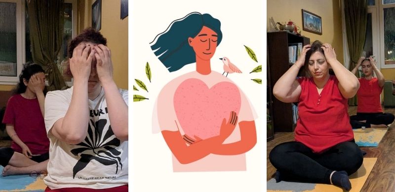 People practicing Tapping (EFT) in a yoga setting, combining mind-body techniques to enhance relaxation and emotional healing.