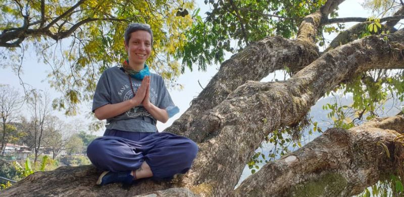 A person sitting on a large tree in nature, connecting with the simplicity of the natural world through each breath and embodying pure presence