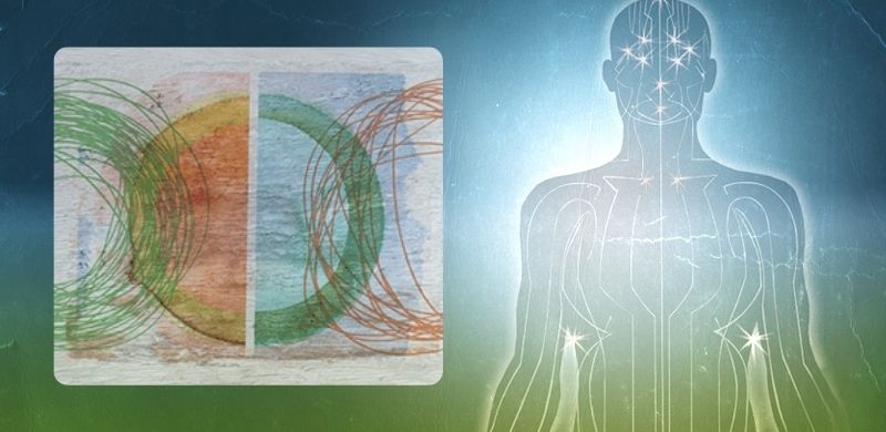 A symbolic illustration of interconnected circles representing energy flow, with a figure of a human body highlighted with energy points.
